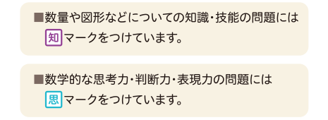 数量や図形などについての知識・技能の問題には『知』マークをつけています。数学的な思考力・判断力・表現力の問題には『思』マークをつけています。