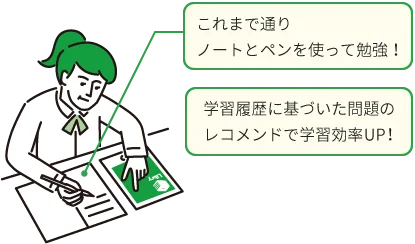 これまで通りノートとペンを使って勉強！ 学習履歴に基づいた問題のレコメンドで学習効率UP！