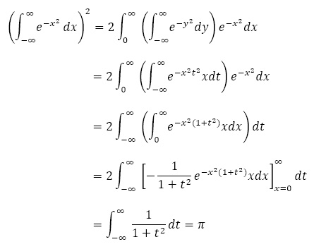 (∫_(-∞)^∞▒e^(-x^2 )  dx)^2=2∫_0^∞▒〖 (∫_(-∞)^∞▒〖e^(〖-y〗^2 ) dy〗) e^(-x^2 ) dx〗
        =2∫_0^∞▒〖 (∫_(-∞)^∞▒〖e^(-x^2 t^2 ) xdt〗) e^(-x^2 ) dx〗
        =2∫_(-∞)^∞▒〖 (∫_0^∞▒〖e^(-x^2 (1+t^2 ) ) xdx〗)dt〗
        =2∫_(-∞)^∞▒〖 [-1/(1+t^2 ) e^(-x^2 (1+t^2 ) ) xdx]_(x=0)^∞ 〗 dt
        =∫_(-∞)^∞▒   1/(1+t^2 ) dt=π