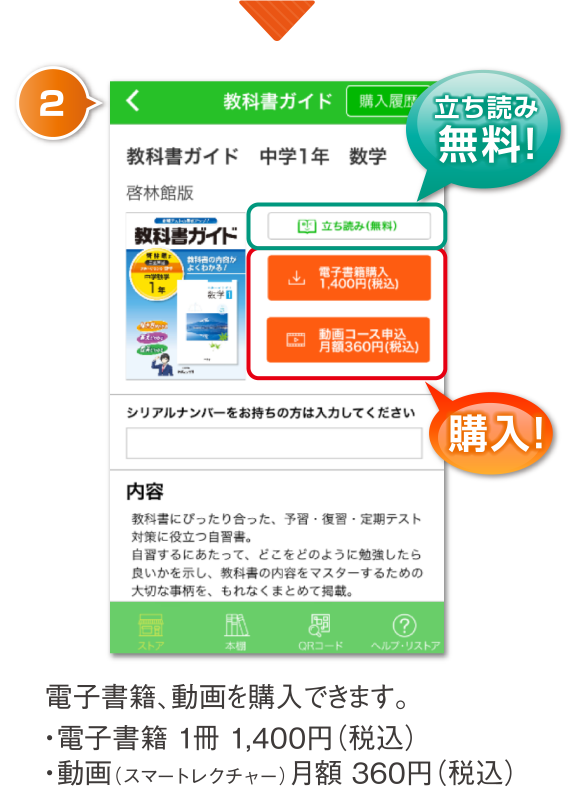 2 電子書籍、動画を購入できます。・電子書籍 1冊 1,400円（税込）・動画（スマートレクチャー）月額 360円（税込）