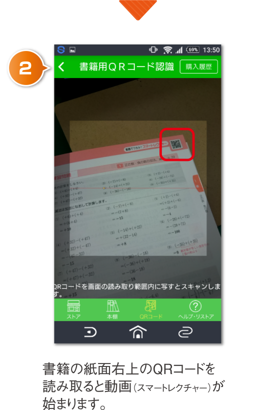 書籍の紙面右上のＱＲコードを読み取ると動画（スマートレクチャー）が始まります。